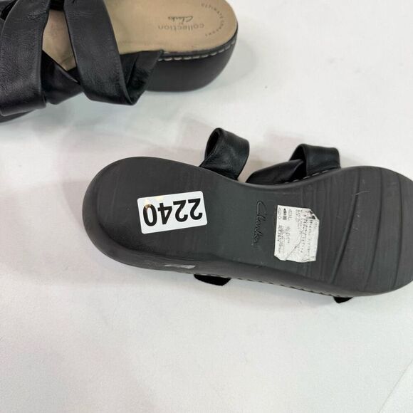 Clarks Collection Sandals Shoes Womens 8.5 Black Leather Slide Hook Loop Wedge - Picture 9 of 9